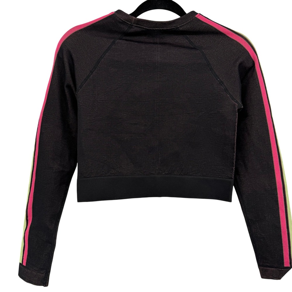 Fabletics Womens Black Cropped Long Sleeve Top Neon‎ Green Pink Stripes Size M - Picture 2 of 4